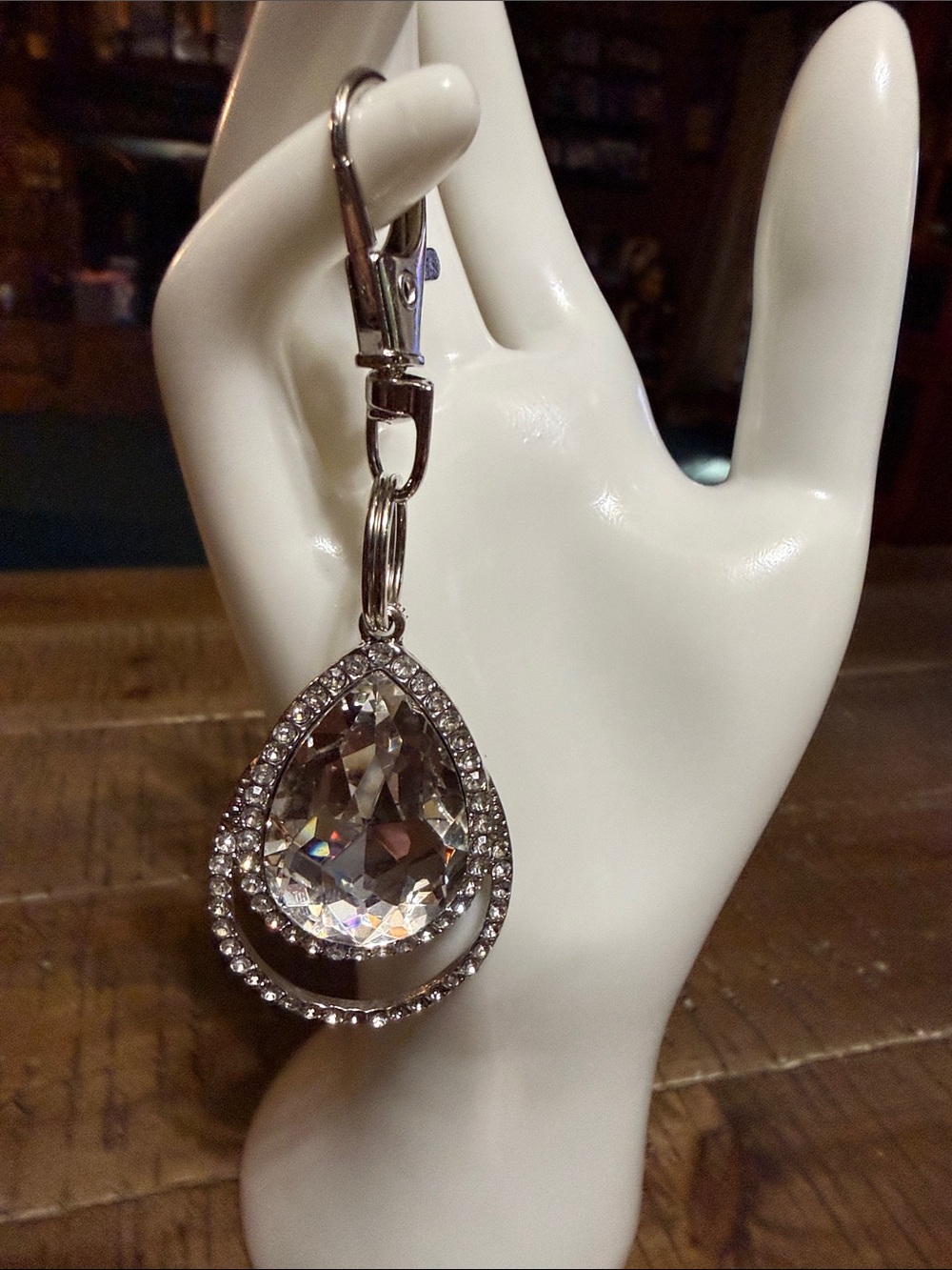 Crystal Teardrop Keychain Charm - Clear Rhinestone Accent